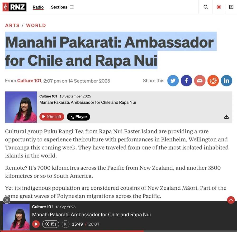 Entrevista a la embajadora Manahi Pakarati en RNZ, Nueva Zelanda.