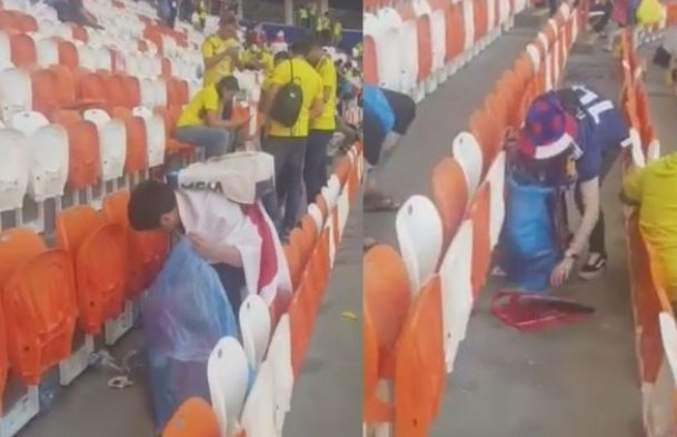 Notable: Hinchas japoneses recogen la basura tras el término del partido en que su selección derrotó a Colombia