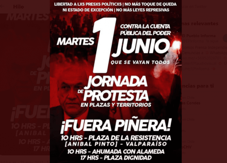 Organizaciones convocan a protestar contra cuenta pública de Presidente Piñera